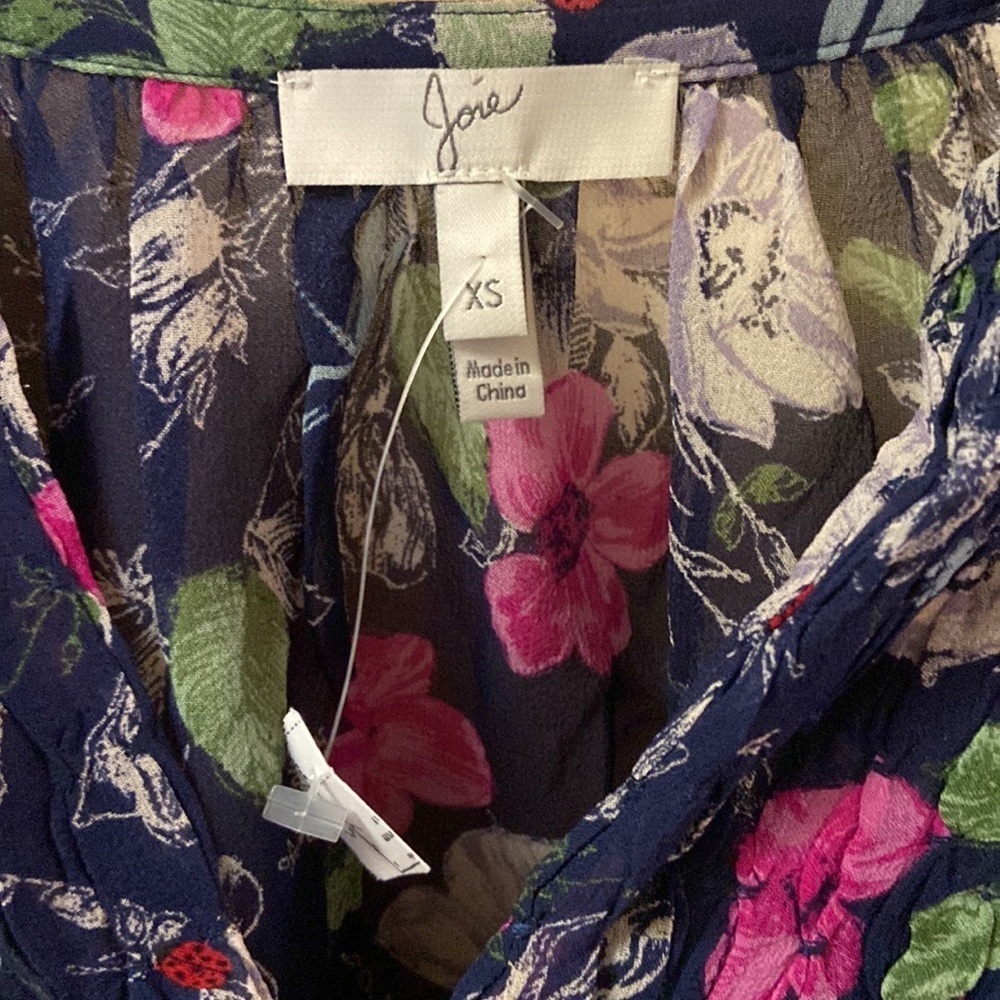NWT Sz XS Joie Navy Fuchsia & Green Floral Print 100% Silk Gathered Neckline - Picture 3 of 6